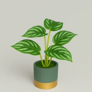 Decorative Artificial Monstera Plant – Small Faux Indoor Desk Plant in Premium Ceramic Pot with Gold Base | Perfect for Home & Office Décor