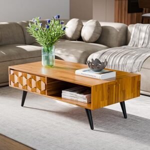 Modern style coffee table known for its combination of solid wood craftsmanship, distinct aesthetic features, and functional storage
