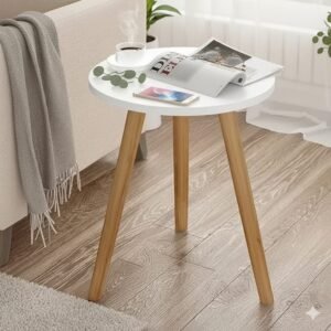 Modern Round Wooden Side Table with White Top | 15" Tall Mid-Century Plant Stand, End Table & Coffee Corner Table for Living Room, Bedroom & Office Décor