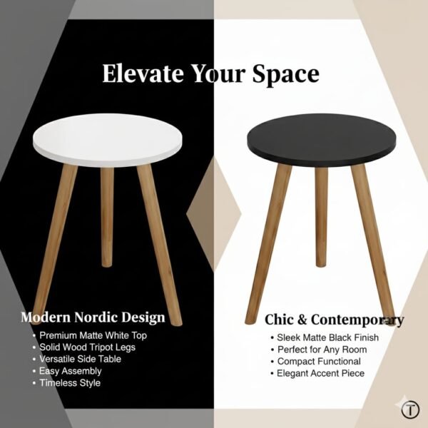 Modern Round Wooden Side Table with White Top | 15" Tall Mid-Century Plant Stand, End Table & Coffee Corner Table for Living Room, Bedroom & Office Décor - Image 5